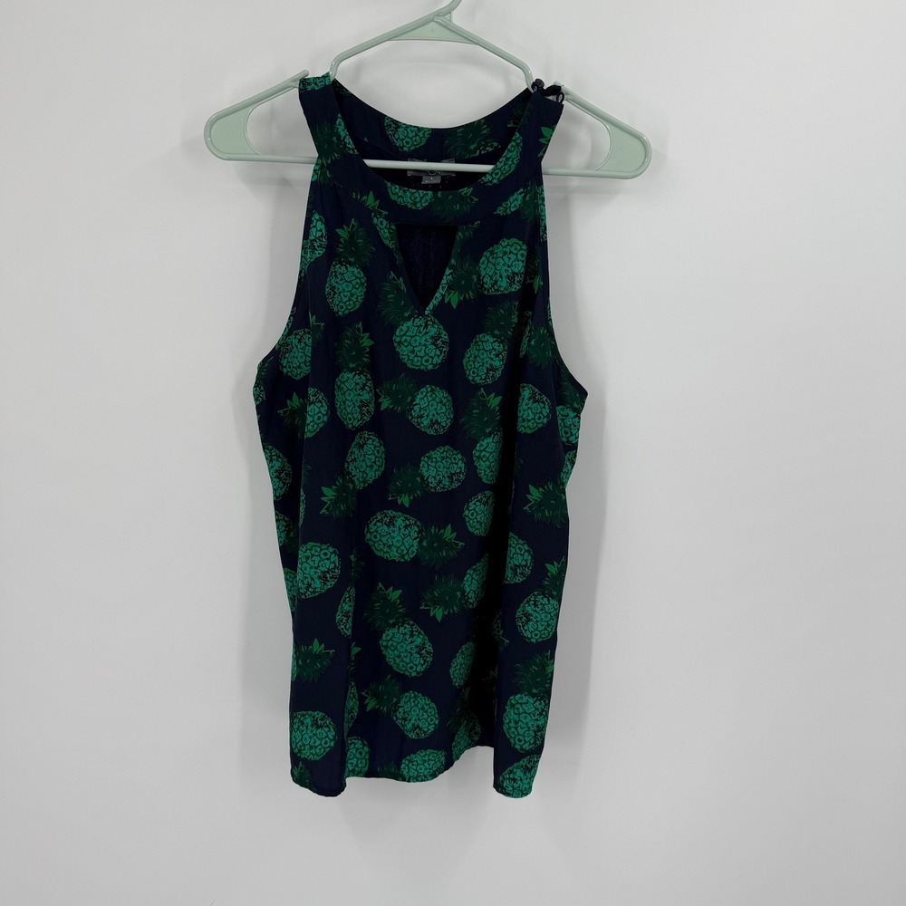 Market & Spruce Tank Top Womens L Pineapple Print Sleeveless‎ Keyhole Navy Green